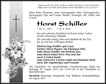 Traueranzeige von Horst Schiller von Südthüringer Presse