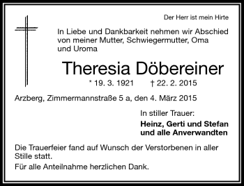 Traueranzeige von Theresia Döbereiner von Frankenpost