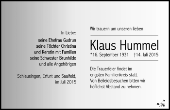 Traueranzeige von Klaus Hummel von Südthüringer Presse