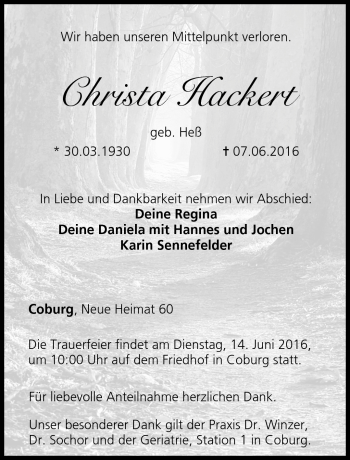 Traueranzeige von Christa Hackert von Neue Presse Coburg