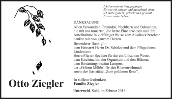 Traueranzeige von Otto Ziegler von Südthüringer Presse