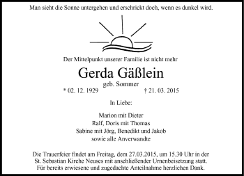 Traueranzeige von Gerda Gäßlein von Neue Presse Coburg