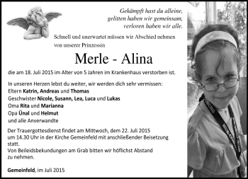 Traueranzeige von Merle - Alina  von Neue Presse Coburg