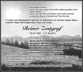 Traueranzeige von Reiner Zentgraf von Südthüringer Presse