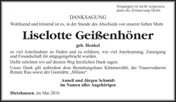 Traueranzeige von Liselotte Geisenhöner von Südthüringer Presse