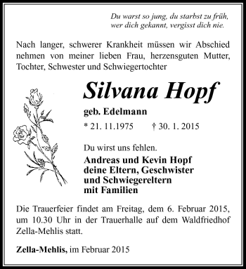 Traueranzeige von Silvana Hopf von Südthüringer Presse