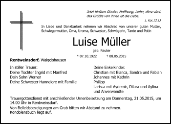 Traueranzeige von Luise Müller von Neue Presse Coburg