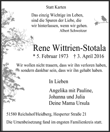 Traueranzeige von Rene Wittrien-Stotala von Südthüringer Presse