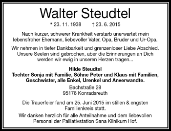 Traueranzeige von Walter Steudtel von Frankenpost