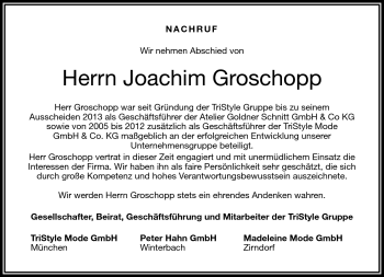 Traueranzeige von Joachim Groschopp von Frankenpost