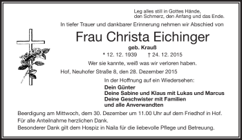 Traueranzeige von Christa Eichinger von Frankenpost