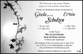 Traueranzeige von Gisela Scholzen von Südthüringer Presse