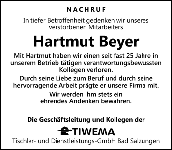 Traueranzeige von Hartmut Beyer von Südthüringer Presse
