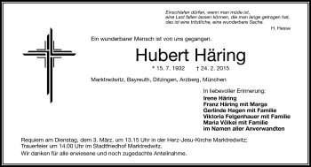 Traueranzeige von Hubert Häring von Frankenpost
