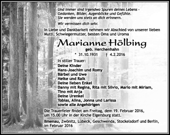 Traueranzeige von Marianne Hölbing von Südthüringer Presse