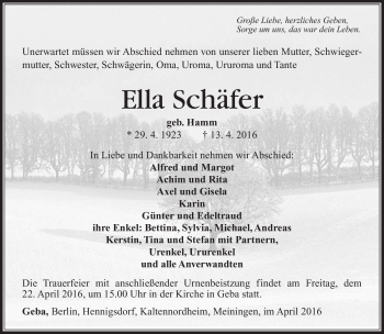 Traueranzeige von Ella Schäfer von Südthüringer Presse