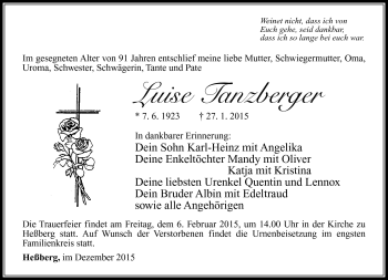 Traueranzeige von Luise Tanzberger von Südthüringer Presse
