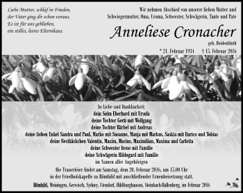 Traueranzeige von Anneliese Cronacher von Südthüringer Presse