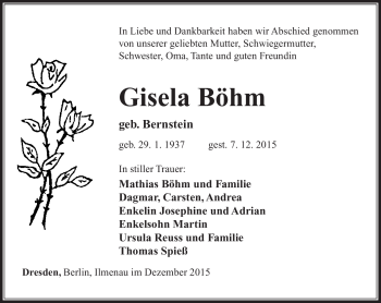Traueranzeige von Gisela Böhm von Südthüringer Presse