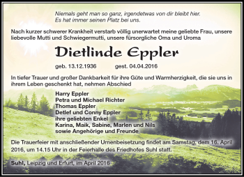 Traueranzeige von Dietlinde Eppler von Südthüringer Presse