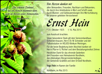 Traueranzeige von Ernst Hein von Südthüringer Presse