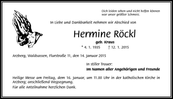 Traueranzeige von Hermine Röckl von Frankenpost