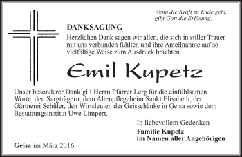 Traueranzeige von Emil Kupetz von Südthüringer Presse