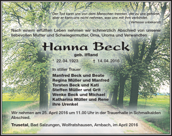 Traueranzeige von Hanna Beck von Südthüringer Presse