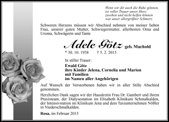 Traueranzeige von Adele Götz von Südthüringer Presse