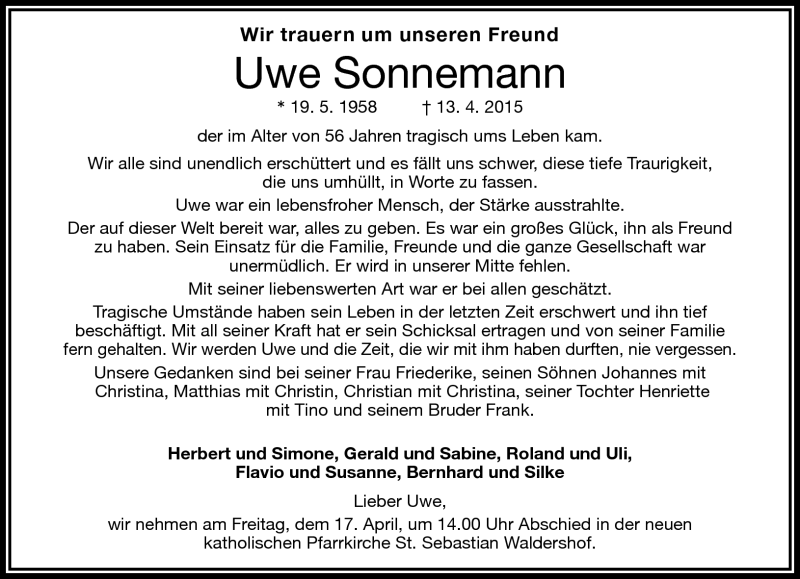  Traueranzeige für Uwe Sonnemann vom 16.04.2015 aus Frankenpost