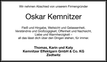 Traueranzeige von Oskar Kemnitzer von Frankenpost