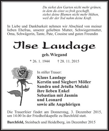 Traueranzeige von Ilse Laudage von Südthüringer Presse