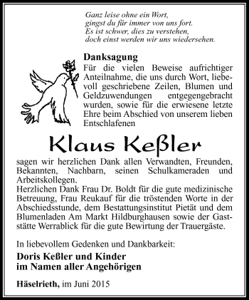 Traueranzeige von Klaus Keßler von Südthüringer Presse