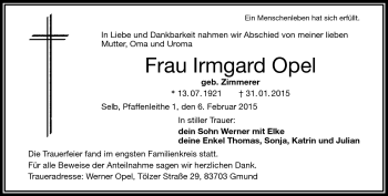 Traueranzeige von Irmgard Opel von Frankenpost