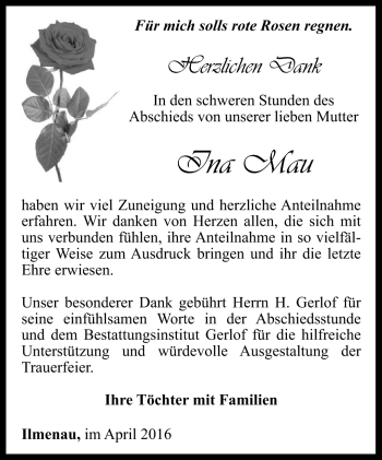 Traueranzeige von Ina Mau von Südthüringer Presse