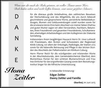 Traueranzeige von Ilona Zeitler von Südthüringer Presse