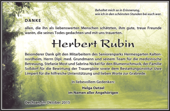 Traueranzeige von Herbert Rubin von Südthüringer Presse