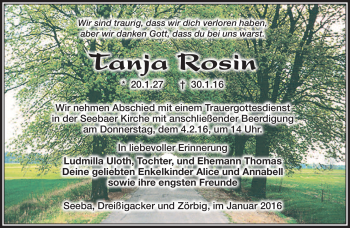 Traueranzeige von Tanja Rosin von Südthüringer Presse