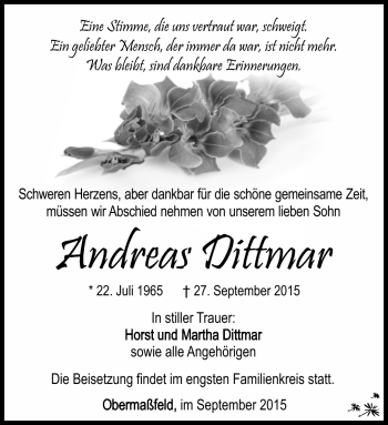 Traueranzeige von Andreas Dittmar von Südthüringer Presse