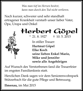 Traueranzeige von Herbert Göpel von Südthüringer Presse