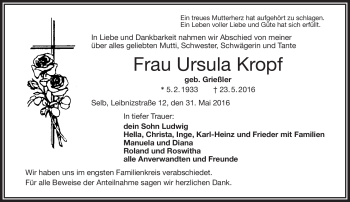Traueranzeige von Ursula Kropf von Frankenpost