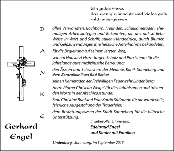 Traueranzeige von Gerhard Engel von Südthüringer Presse