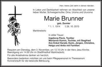 Traueranzeige von Marie Brunner von Frankenpost