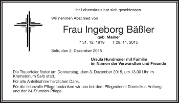Traueranzeige von Ingeborg Bäßler von Frankenpost