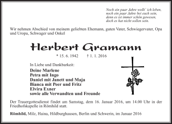 Traueranzeige von Herbert Gramann von Südthüringer Presse