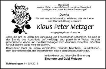 Traueranzeige von Klaus Peter Metzger von Südthüringer Presse