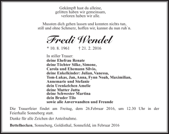 Traueranzeige von Fredi Wendel von Südthüringer Presse