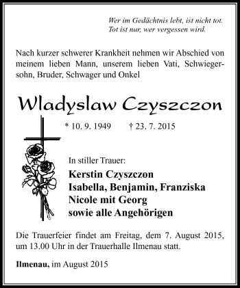 Traueranzeige von Wladyslaw Czyszczon von Südthüringer Presse