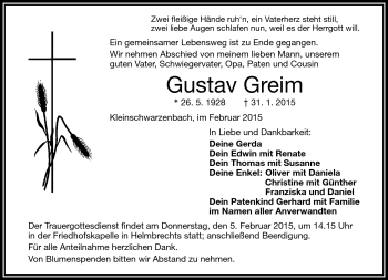Traueranzeige von Gustav Greim von Frankenpost
