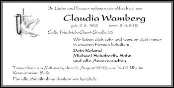 Traueranzeige von Claudia Wamberg von Frankenpost